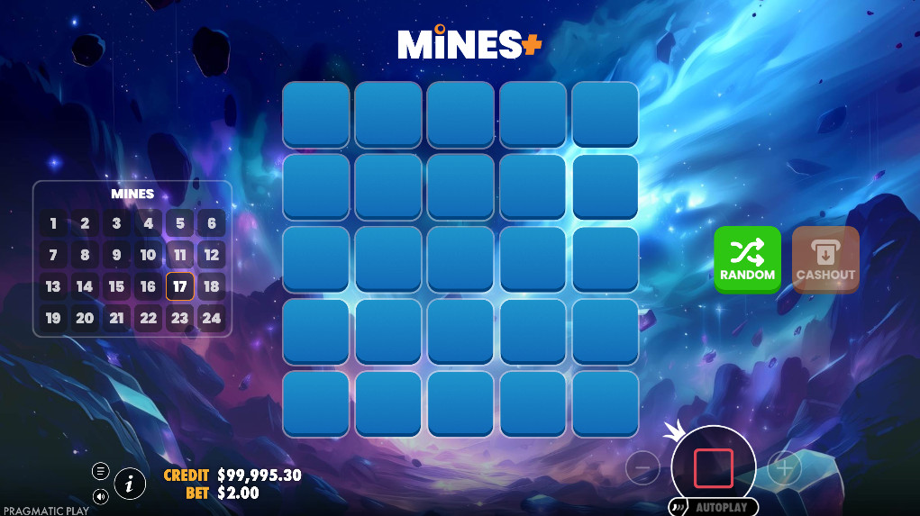 The starting screen of the Mines+ demo game, showing the 5x5 grid and the panel to select the number of mines, illustrating the game's clean interface.