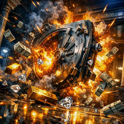 An explosive scene from a bank vault representing the high-stakes action of money-themed demo slots
