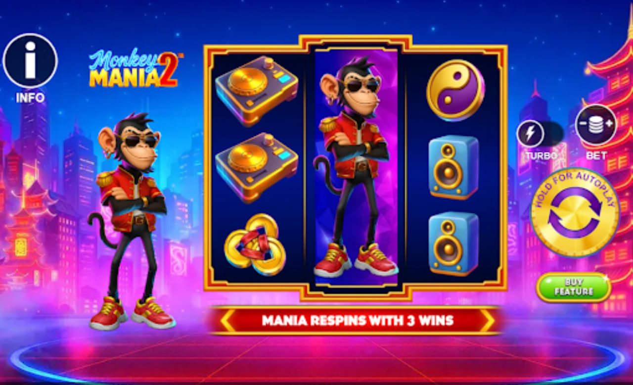 Monkey Mania 2 slot base game interface showing 3x3 grid and DJ Monkey character.