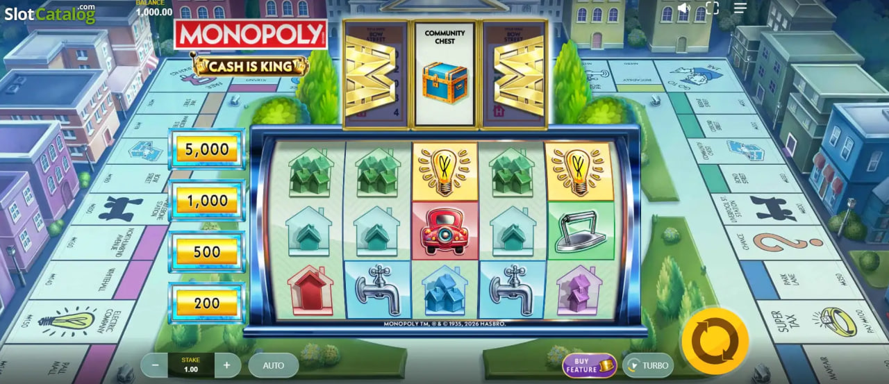 5x3 grid of Monopoly Cash Is King slot showing Cash Stickers and Feature Reel.