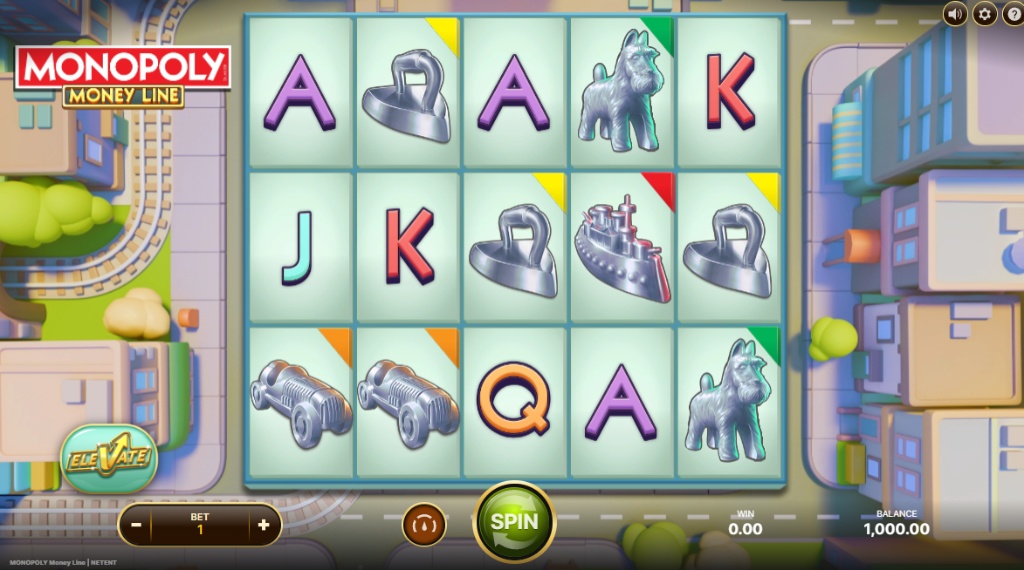 Base game interface of Monopoly Money Line slot by NetEnt showing 5 reels and city background.