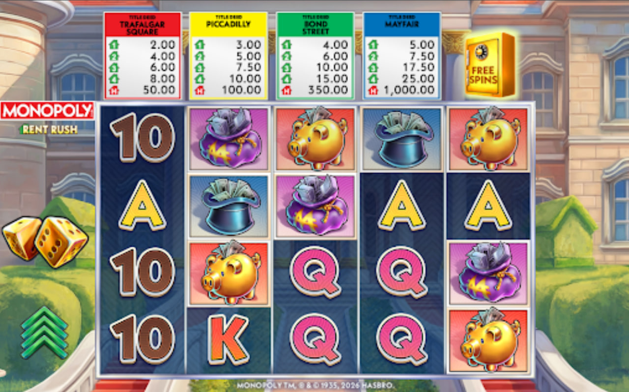 Monopoly Rent Rush slot base game showing 5x3 grid, Title Deed meters above reels, and money themed symbols.