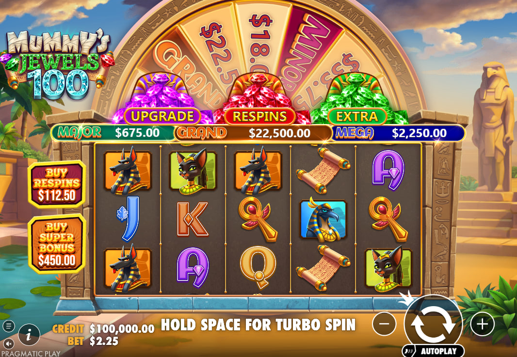 Mummy's Jewels 100 slot base game grid with Anubis and Bastet symbols.
