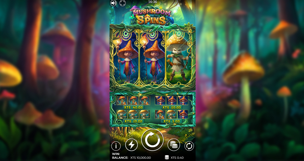 Mushroom Spins slot main game interface showing 3x3 reels with Archer and Wizard symbols in an enchanted forest setting by HeronBYTE.