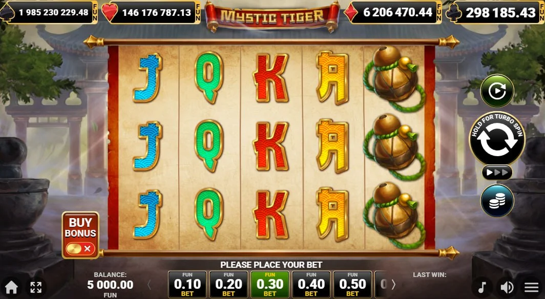 Mystic Tiger slot 5x3 grid with Asian symbols on a red scroll background, highlighting the user interface and bet selection.