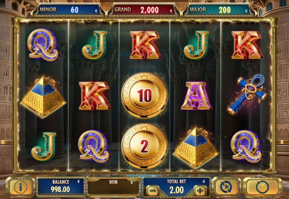 Myth of Ra slot base game interface by Red Rake Gaming featuring 5x3 grid, Egyptian symbols, and gold coin bonus triggers.