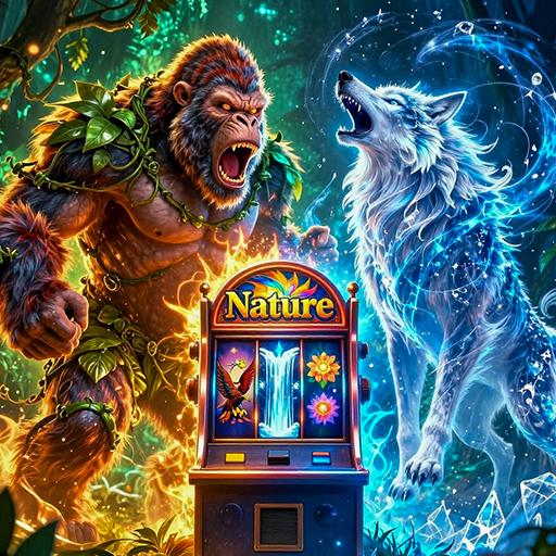 A primal gorilla and arctic wolf clash around a slot machine, illustrating the powerful and diverse world of nature-themed slots.