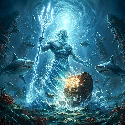 Sea god Poseidon with a glowing trident summons a treasure chest from the ocean floor, symbolizing the mythological power and rewards in ocean slots.
