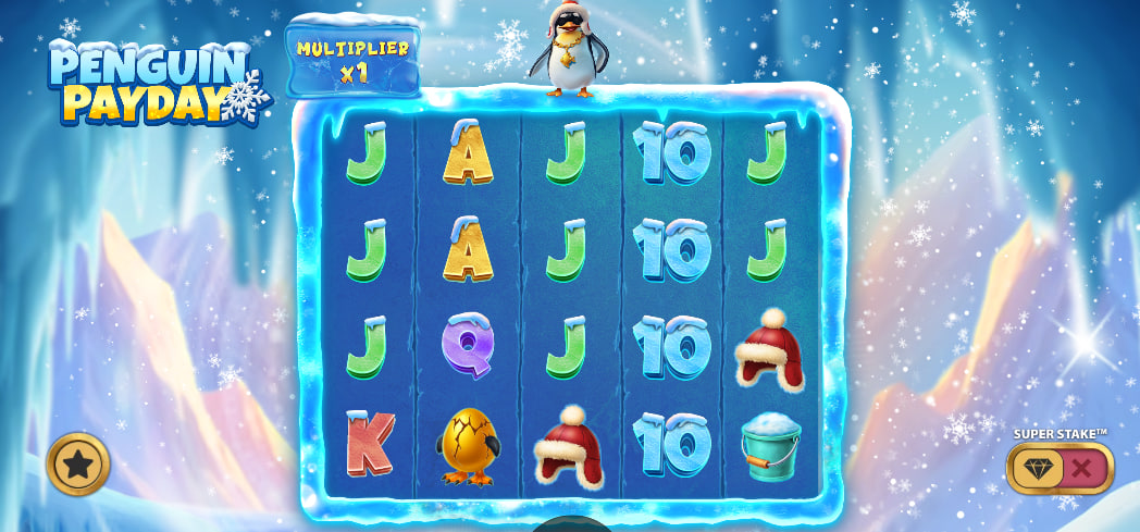Penguin Payday slot base game interface showing 5x4 grid, penguin character on top, and winter background.