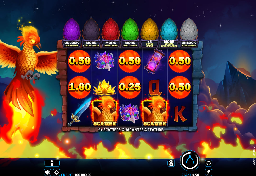 Phoenix Reign slot base game interface showing 5x3 grid, volcanic background, and Phoenix character on the left.