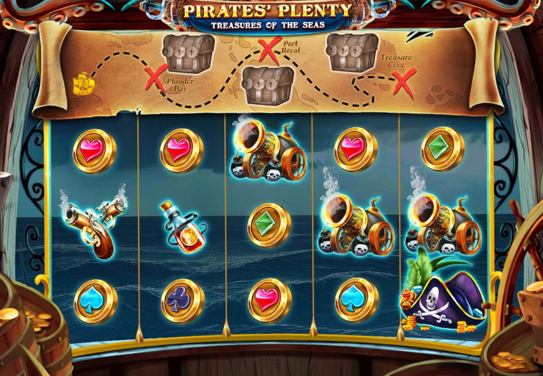 Base game reels of Pirates' Plenty Treasures of the Seas showing cannon and bottle symbols inside a ship cabin.