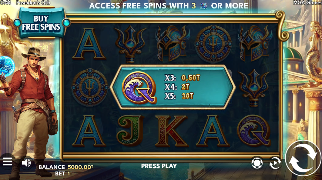 Poseidon's Orb slot main game interface showing 5x3 grid with Trident, Helmet, and Royal symbols.
