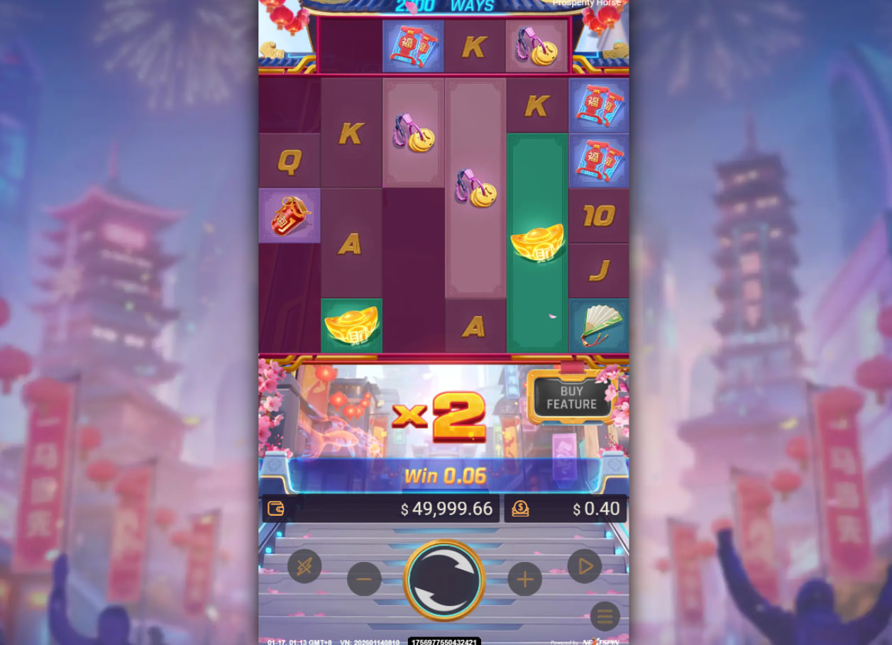 Prosperity Horse slot base game interface by Nextspin showing 5 reels, Asian symbols, and the buy feature button.