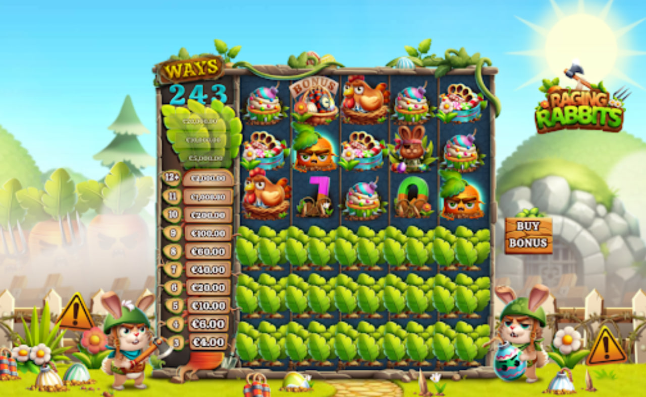 Raging Rabbits slot base game 5x3 grid with farm background and rabbit characters