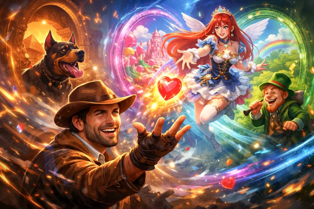 An energetic crossover of iconic slot series heroes, featuring John Hunter and Starlight Princess, representing the diverse collection of free-to-play demo game sagas available on Respinix.