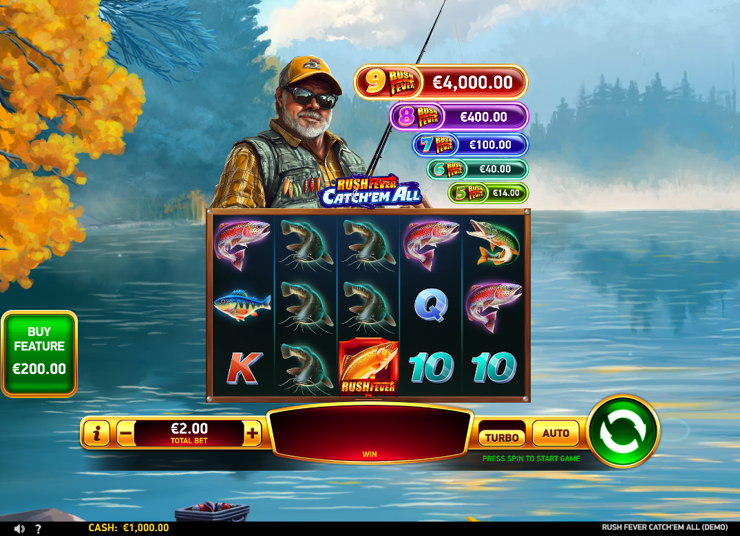 Rush Fever Catch'em All slot base game interface showing 5x3 reel grid with fishing symbols and Rush Fever prize ladder on the right.
