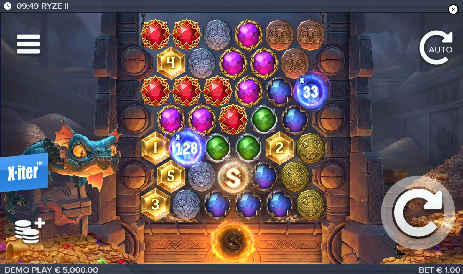 The main 7-row game grid of the Ryze 2 slot, showing the animated dragon character beside the unique angled columns and the fantasy-themed symbols.