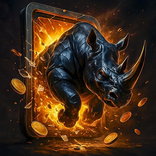 An obsidian rhino shattering a golden slot machine screen in an action-packed scene, representing the power and excitement of safari-themed slot games.