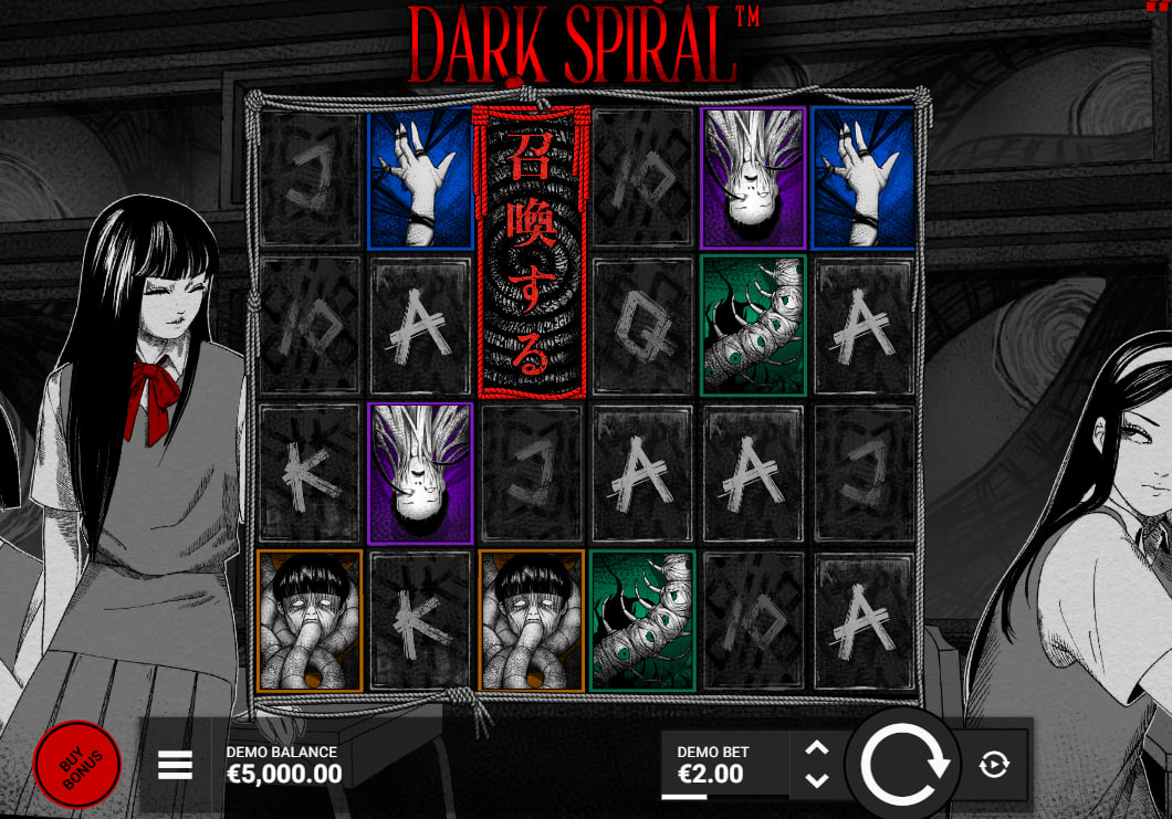 Dark Spiral slot base game with horror anime symbols and summoning scrolls on reels.