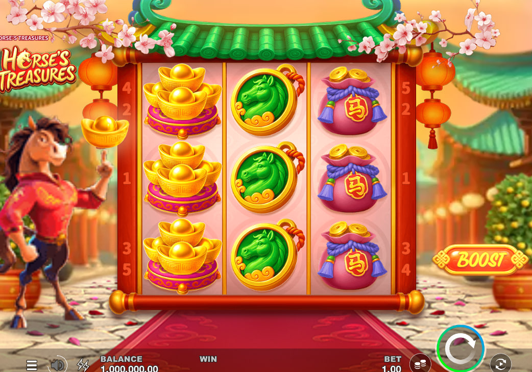 Horse's Treasures slot base game 3x3 grid with Horse character and 5 paylines.