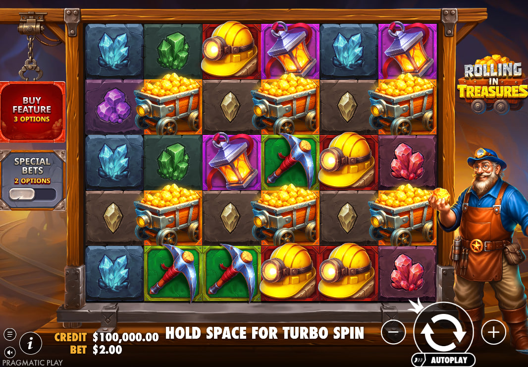 Rolling in Treasures slot base game 6x5 grid with mining symbols and user interface.