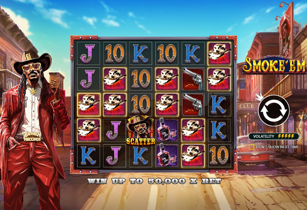 The 6x5 game grid of the Smoke 'Em slot by Pragmatic Play, showcasing the gangster theme and Pay Anywhere layout, which is central to the gameplay.