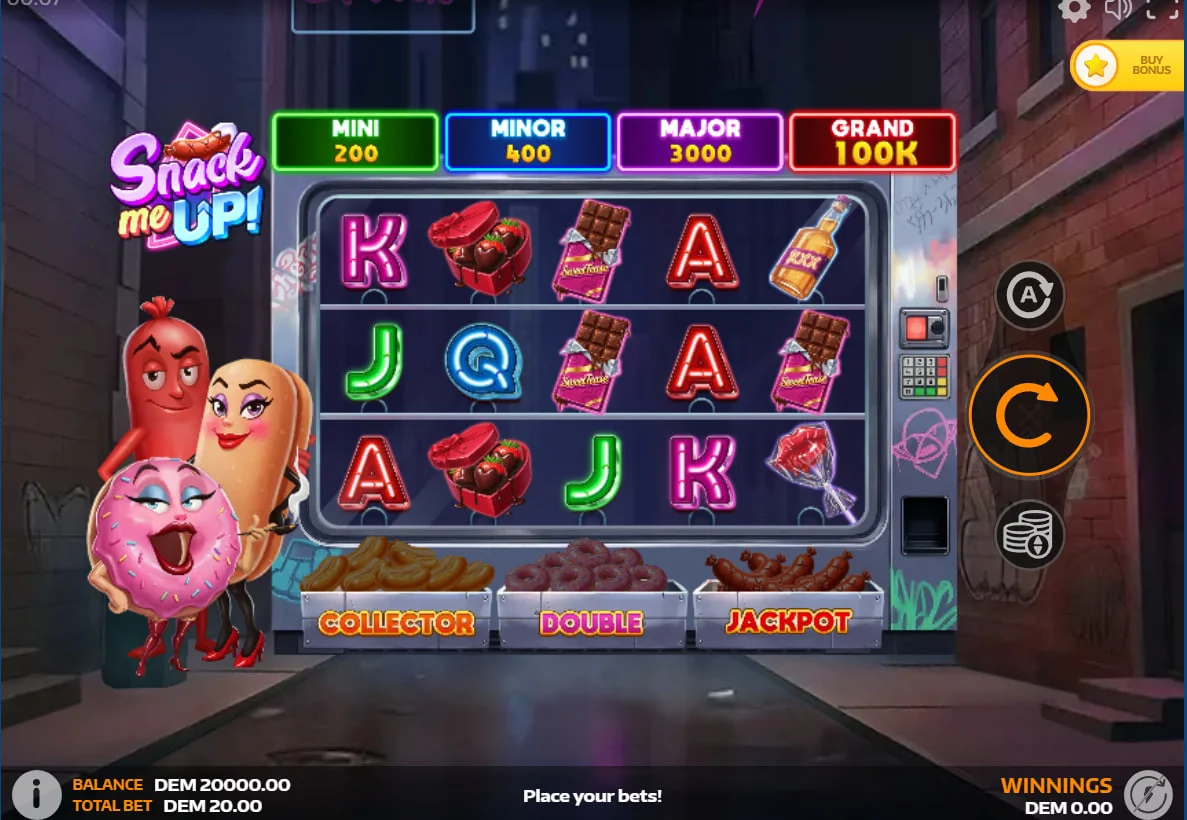 Snack me Up! slot main game interface featuring a 5x3 grid on a dark background showing the starting bet and balance setup.