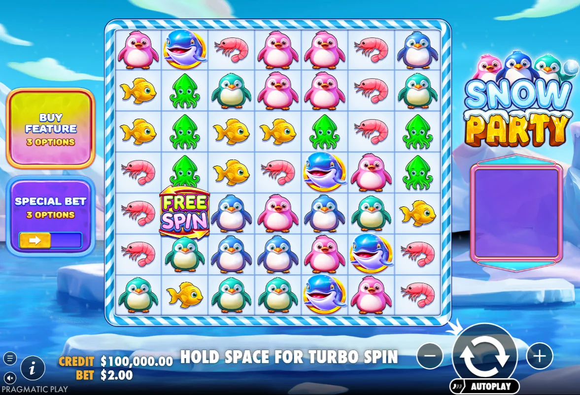 Snow Party 7x7 grid slot game interface showing penguin and whale symbols in an arctic setting for high-volatility cluster wins.