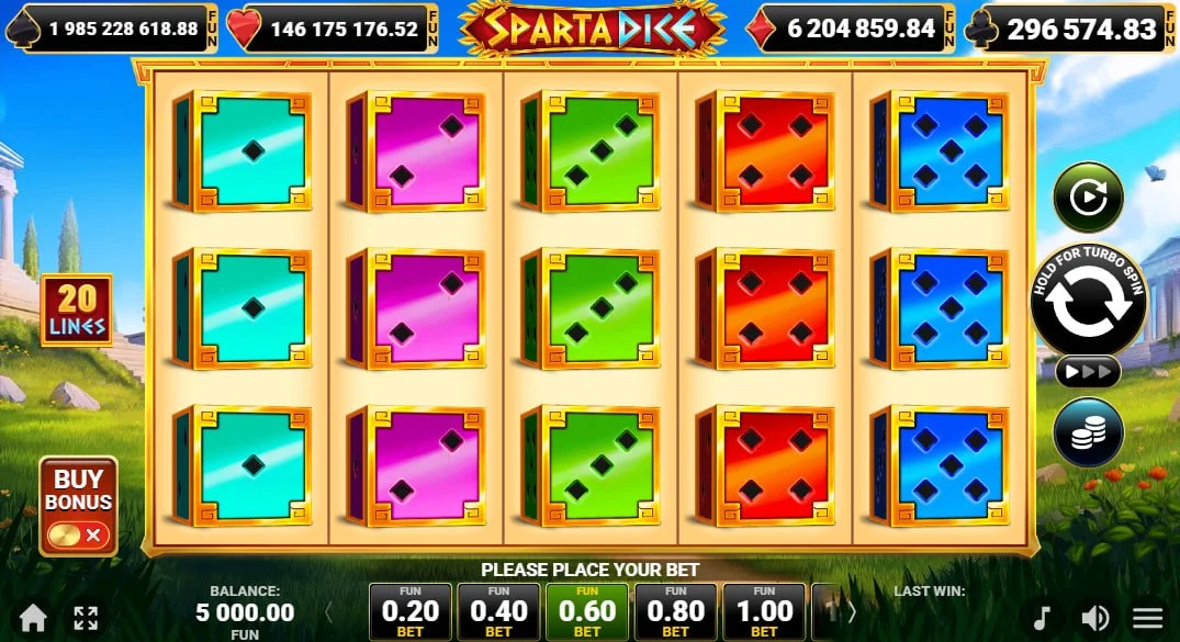Sparta Dice slot main interface showing 5x3 grid with dice symbols and jackpot levels, providing a clear overview of the base game layout for players.