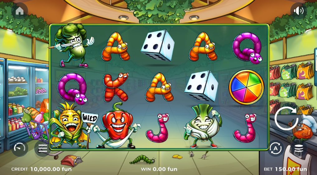 Spin and Dice slot base game interface showing animated vegetable symbols like broccoli and corn on a 5x3 grid in a grocery store setting.
