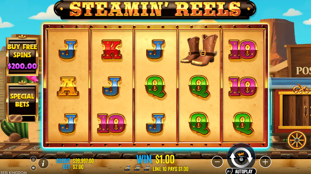 Steamin’ Reels base game line win screen, showing J symbols paying on a 5x3 Western grid for basic payout context