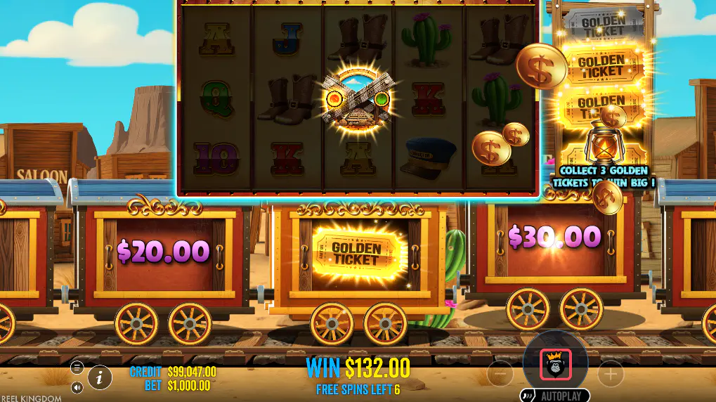 Steamin’ Reels mid-bonus free spins screen with growing total win and remaining spins, showing how the train feature can build payouts