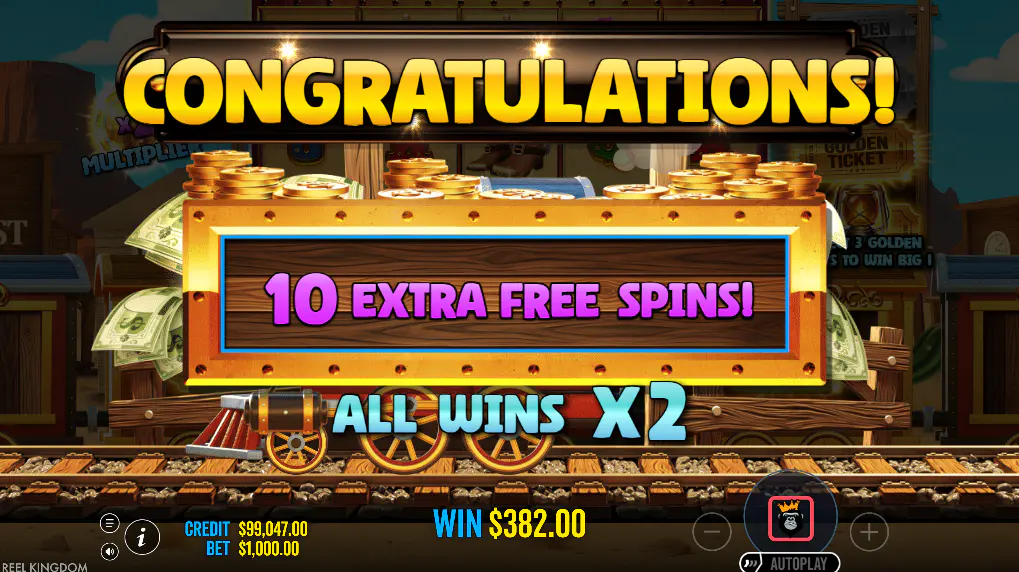 Steamin’ Reels screen showing 10 extra free spins and a 2x multiplier unlocked, highlighting golden ticket retrigger rewards