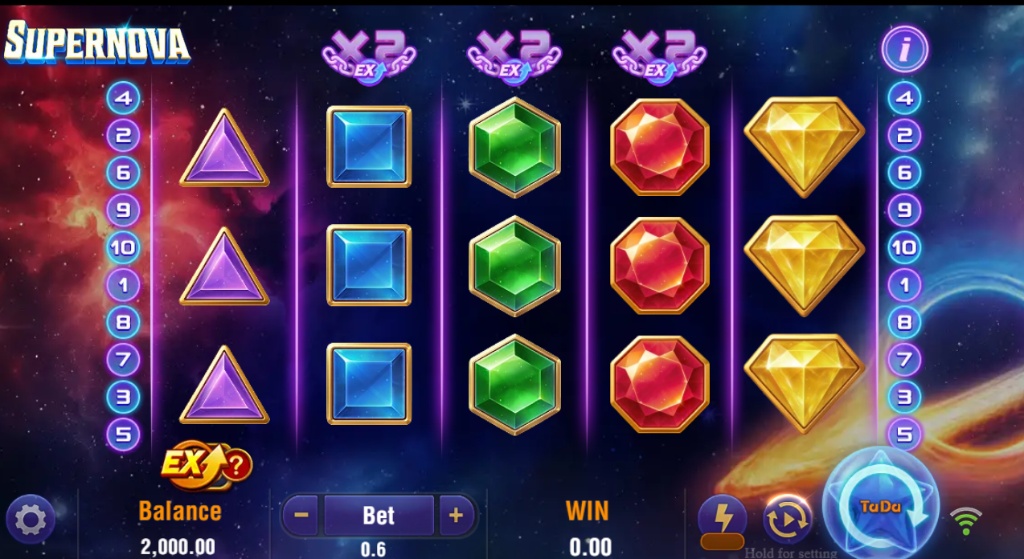 Supernova slot base game interface showing 5x3 reels with gem symbols and space background.