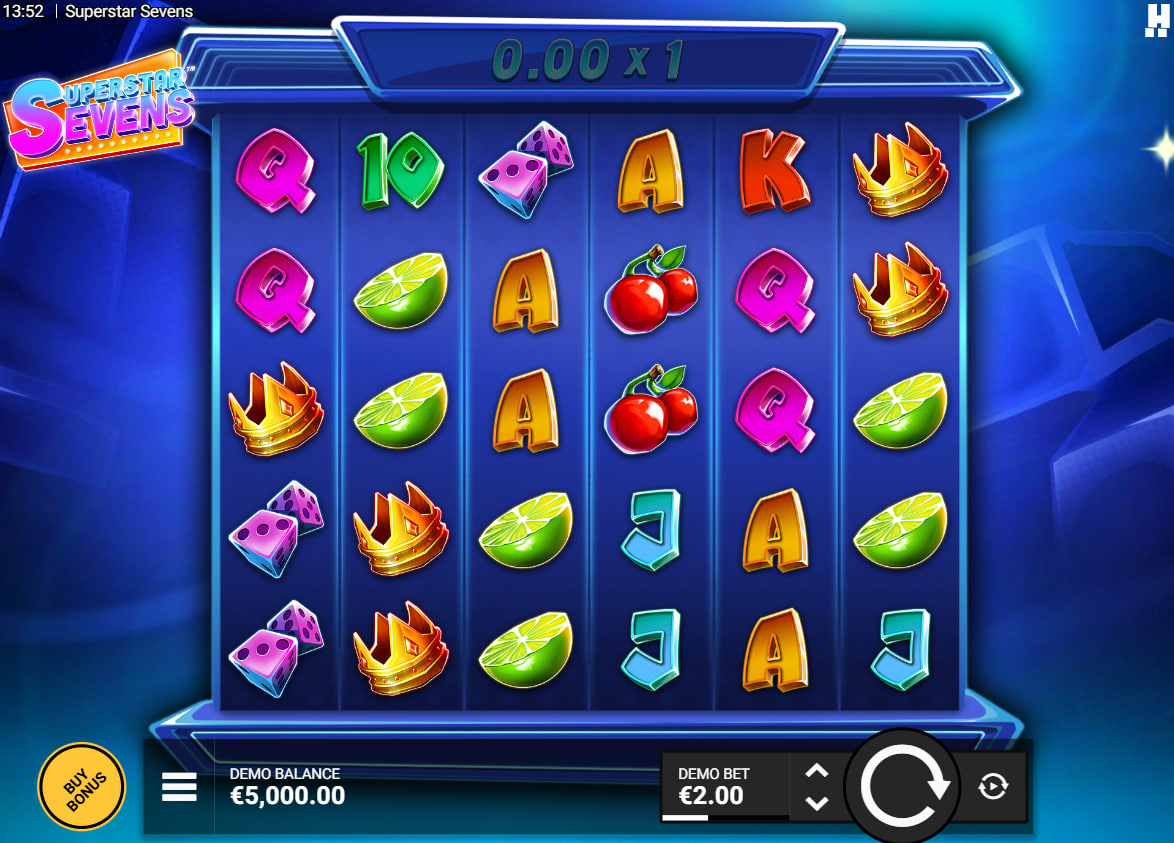Full 6x5 grid of Superstar Sevens slot featuring neon fruits and card symbols on a blue backdrop.