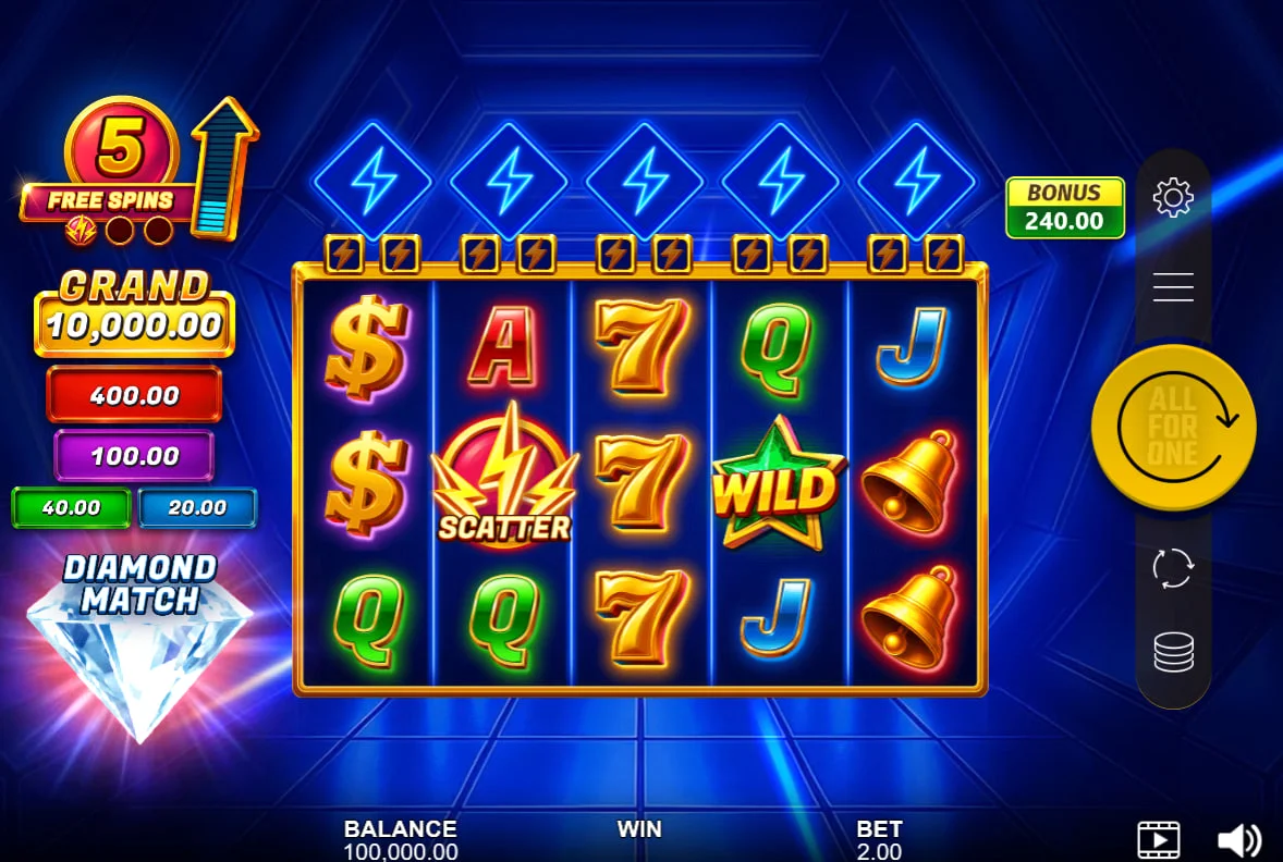 Surge Strike slot main 5x3 grid with neon symbols and Double Strike prize containers visible above the reels to track potential cash payouts.