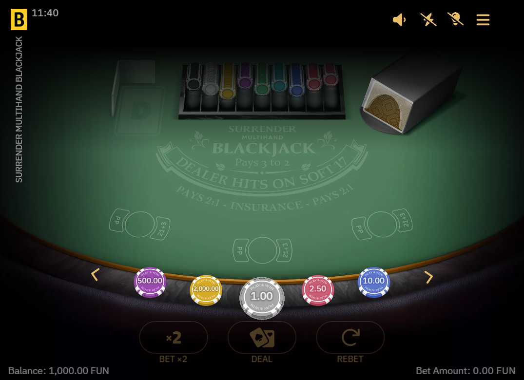 Surrender Multihand Blackjack by BGaming base game interface showing three betting spots on green table.