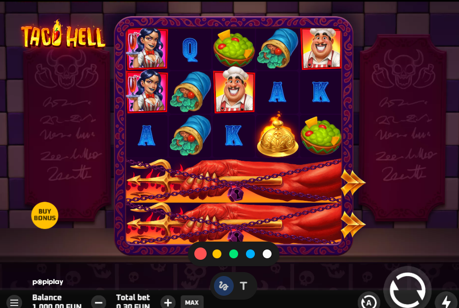 Taco Hell slot base game showing 5x3 grid layout with Demon Chef character and Devil Hand lever.