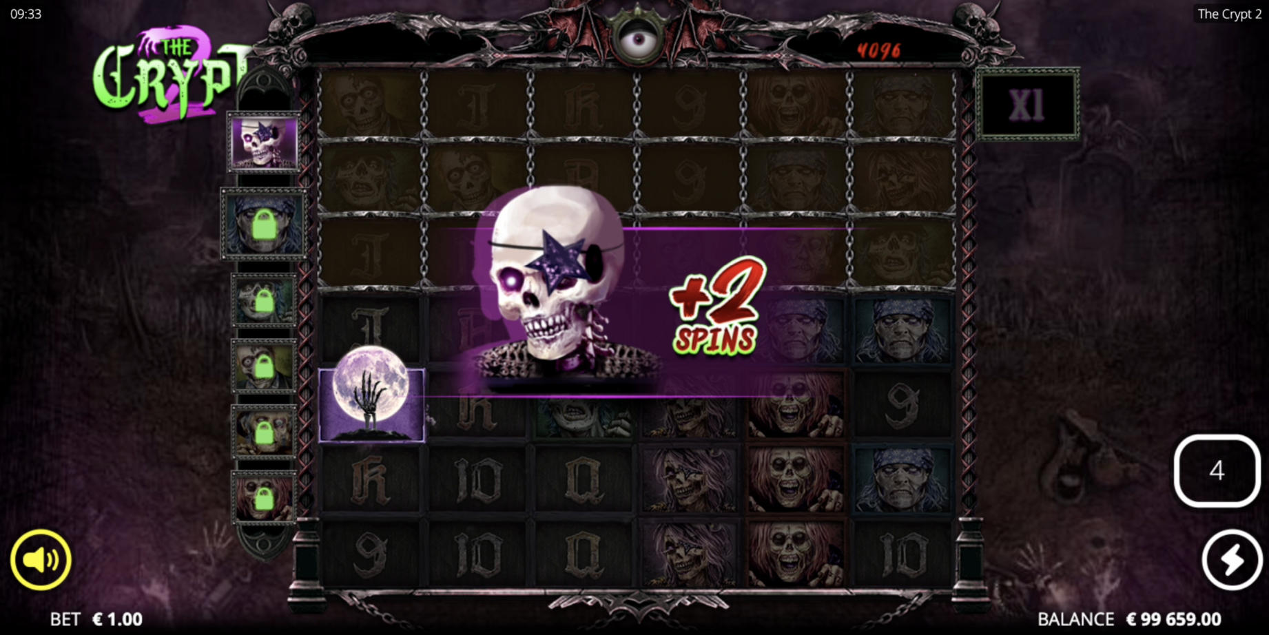 Entombed Spins bonus round in The Crypt 2 showing the gem collection meter for upgrading Dead Legend symbols