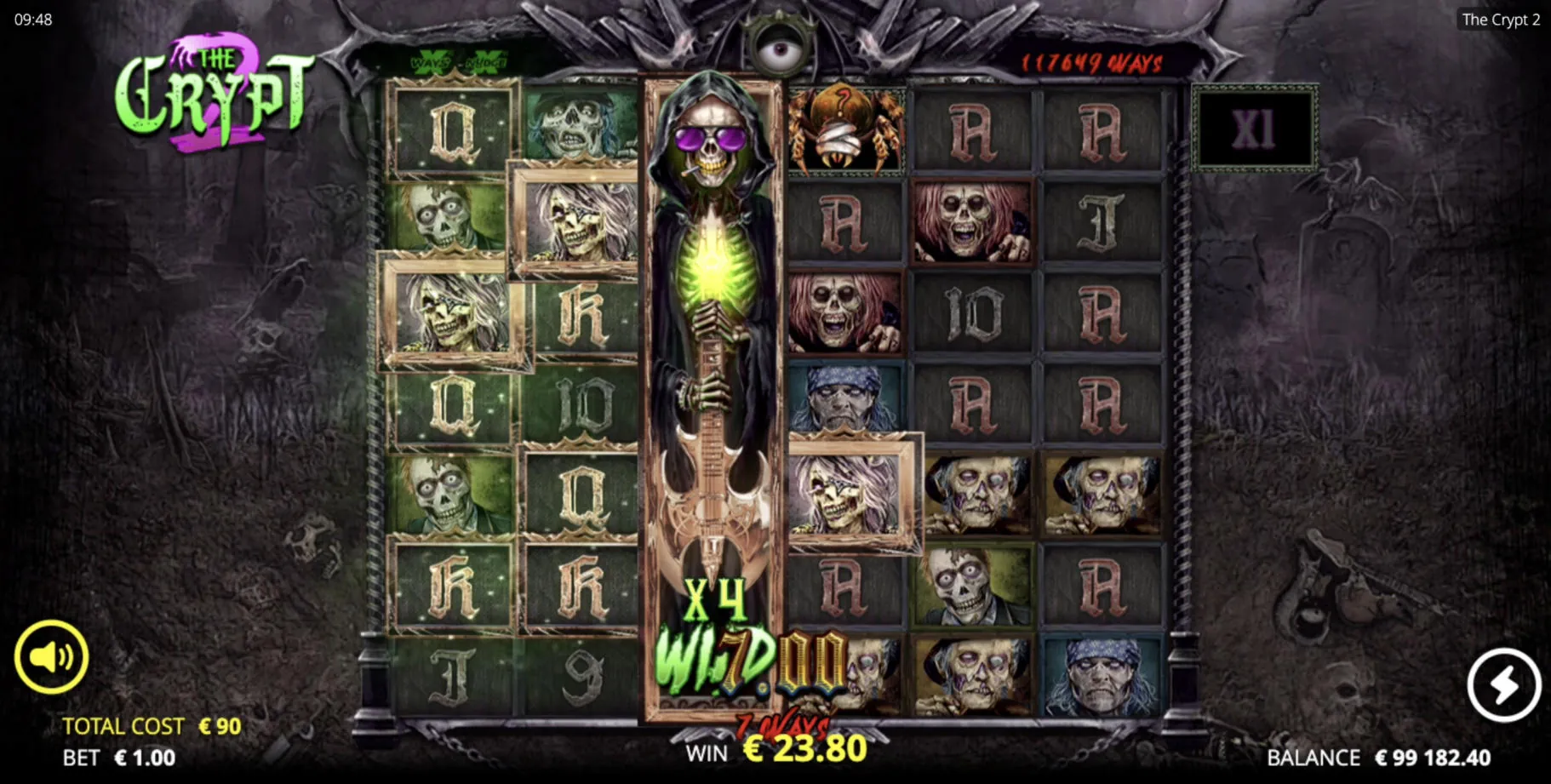Fully expanded 6x7 grid in The Crypt 2 featuring xWays and xNudge Wild symbols maximizing the 117149 win ways