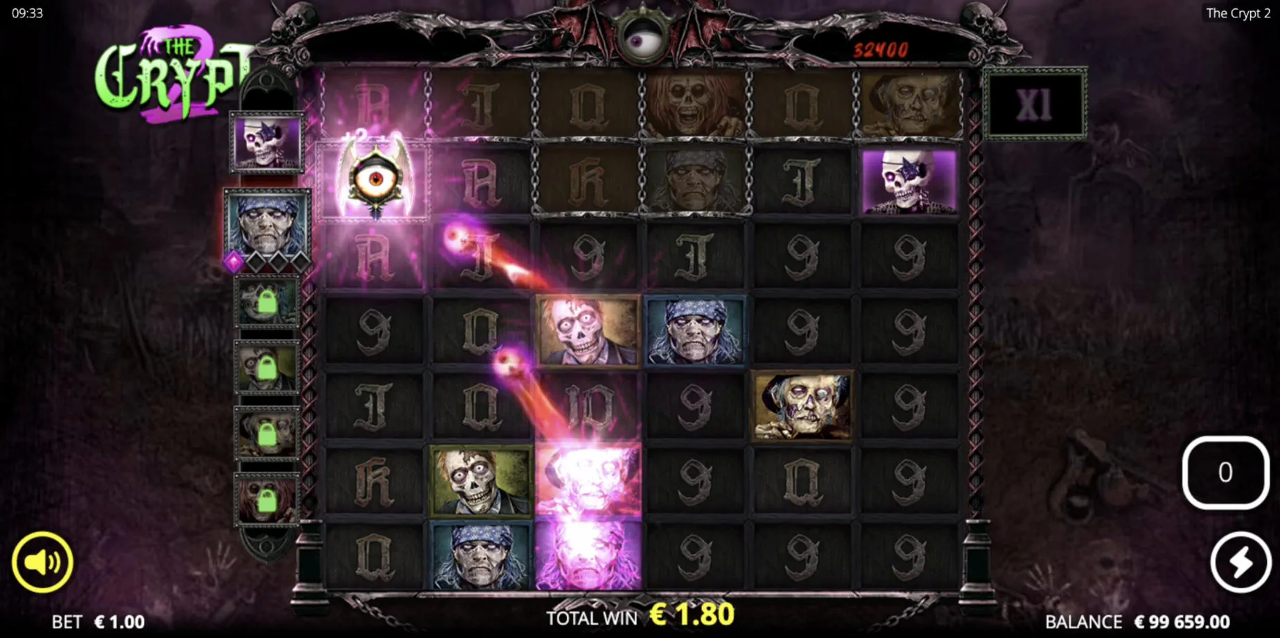 Eye Collector symbol extracting eyes from Dead Legend symbols to increase the global win multiplier in The Crypt 2