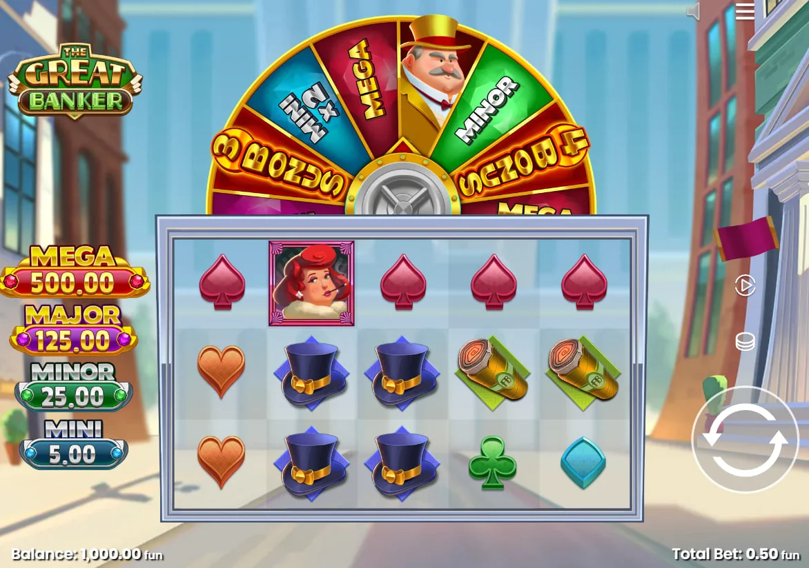 High-value Lady and Pug symbols on The Great Banker slot reels during a base game spin showing the luxury theme.