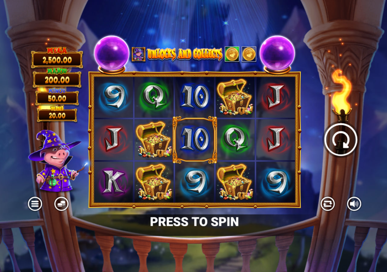 Base game interface of The Pig Wizard Cash Lock slot by Blueprint Gaming showing the 5x3 grid and Crystal Ball headers.
