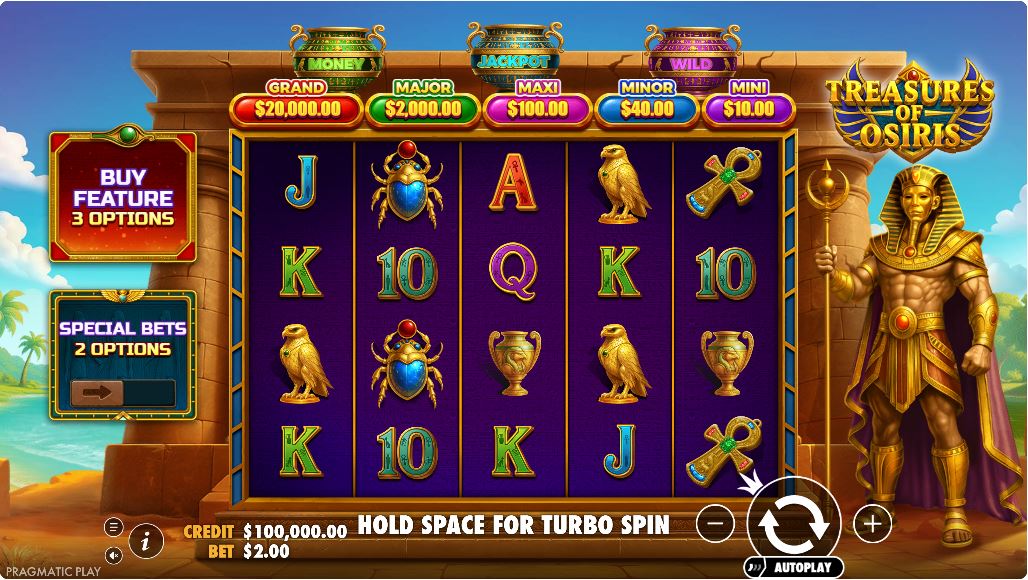 Treasures of Osiris slot base game interface showing 5x4 grid and Egyptian temple background