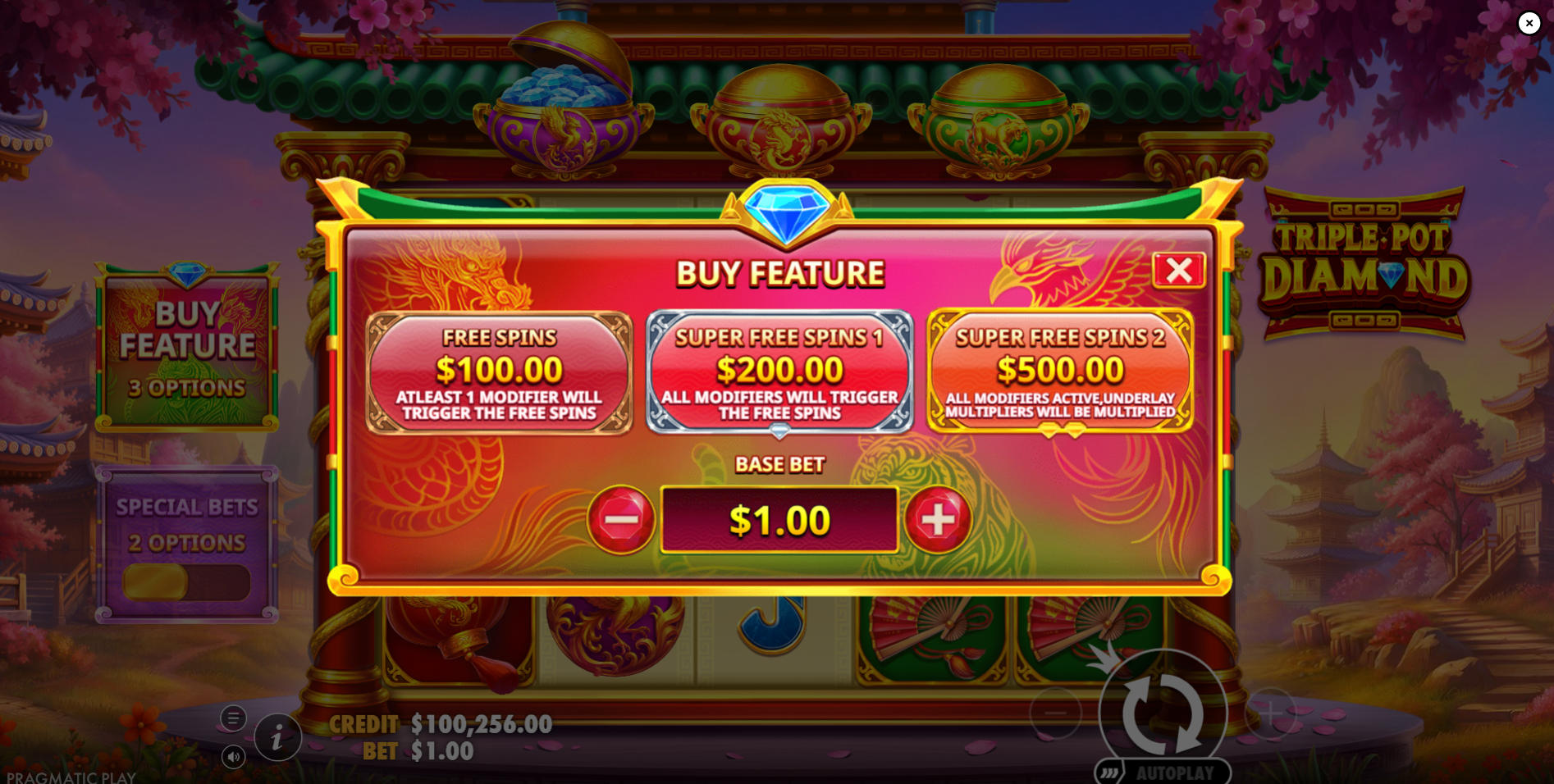 Bonus buy menu in Triple Pot Diamond displaying the 100x, 200x, and 500x Super Free Spins purchasing options