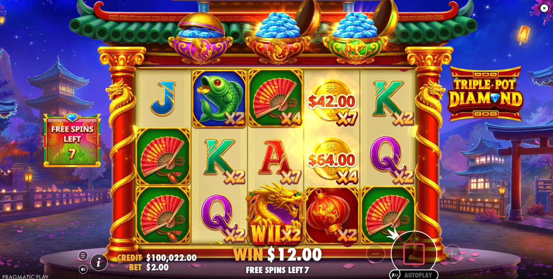 Active Free Spins round in Triple Pot Diamond showing grid positions enhanced with x5 and x2 multipliers