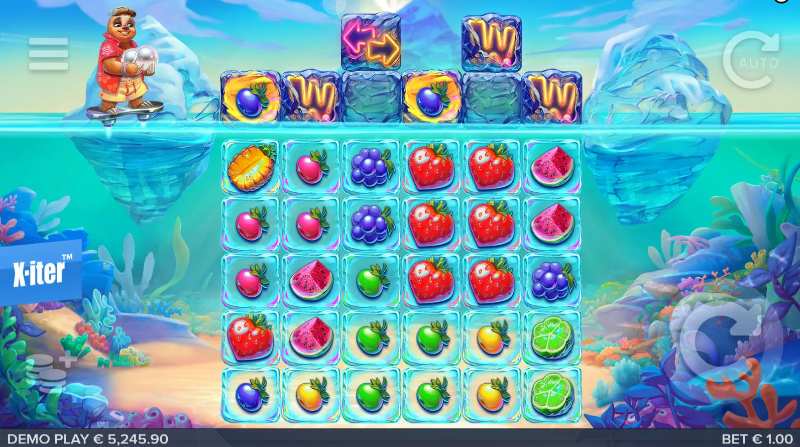The 6x5 main game grid of the Tropicool 5 slot, showing the horizontal Cool Reel at the top and the character Elmo on his hoverboard to the left.