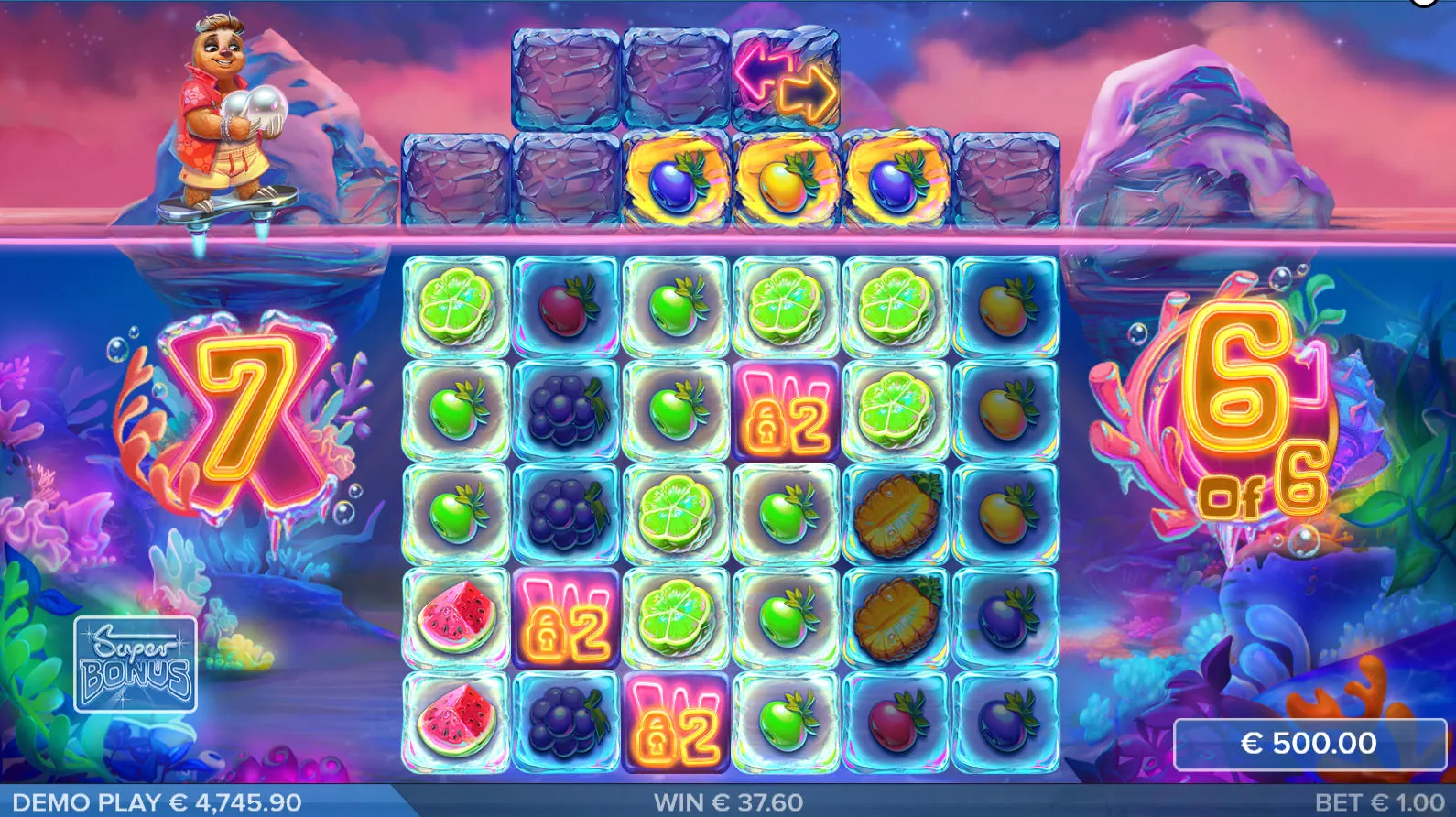 The free drops bonus round in Tropicool 5, showing an active global win multiplier and several Locked Wilds remaining on the grid between spins.