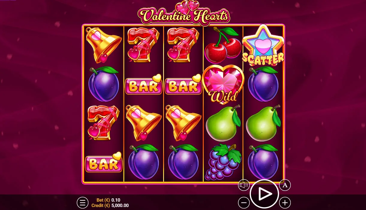The main 5x4 game board of the Valentine Hearts slot, showing classic fruit and bell symbols, illustrating the game's theme for new players.