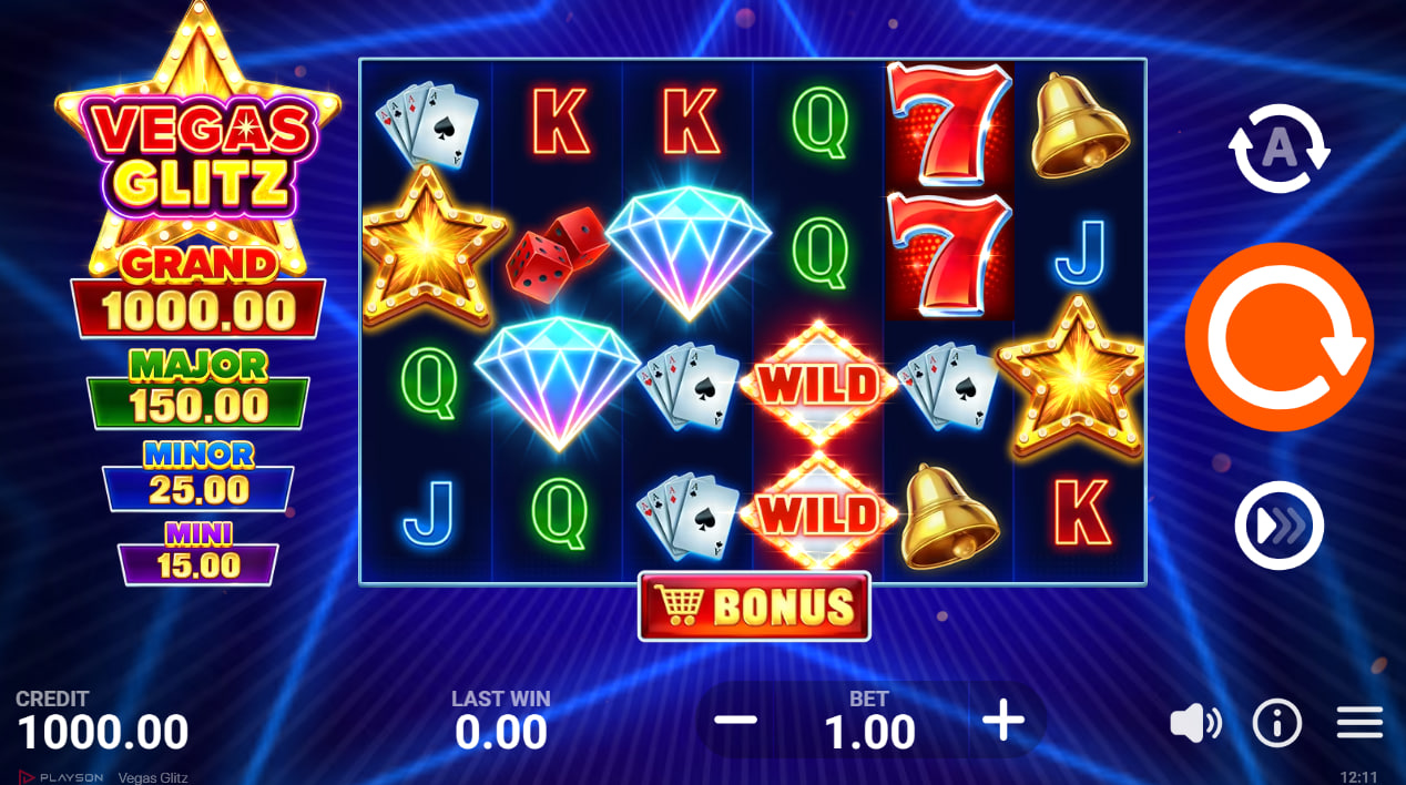 Vegas Glitz slot base game interface showing 5x3 neon grid and Collect feature active.